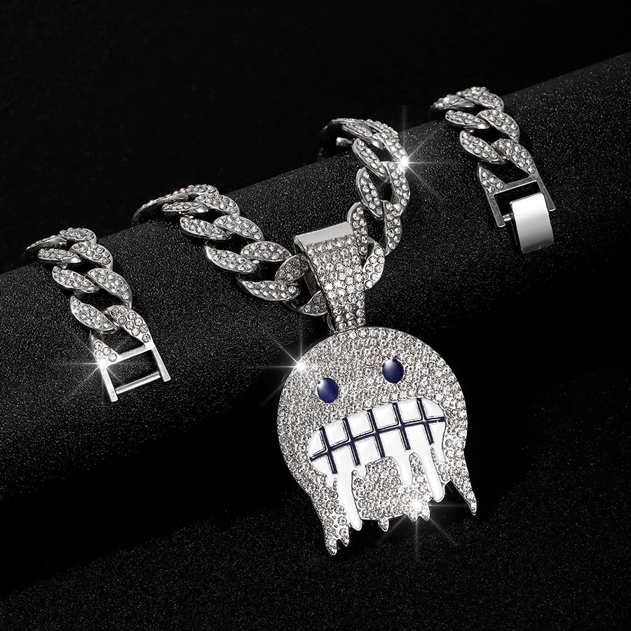 Cuban Chain With Hip Hop Alloy And Bling Rhinestone Cold Face Pendant Choker Necklace