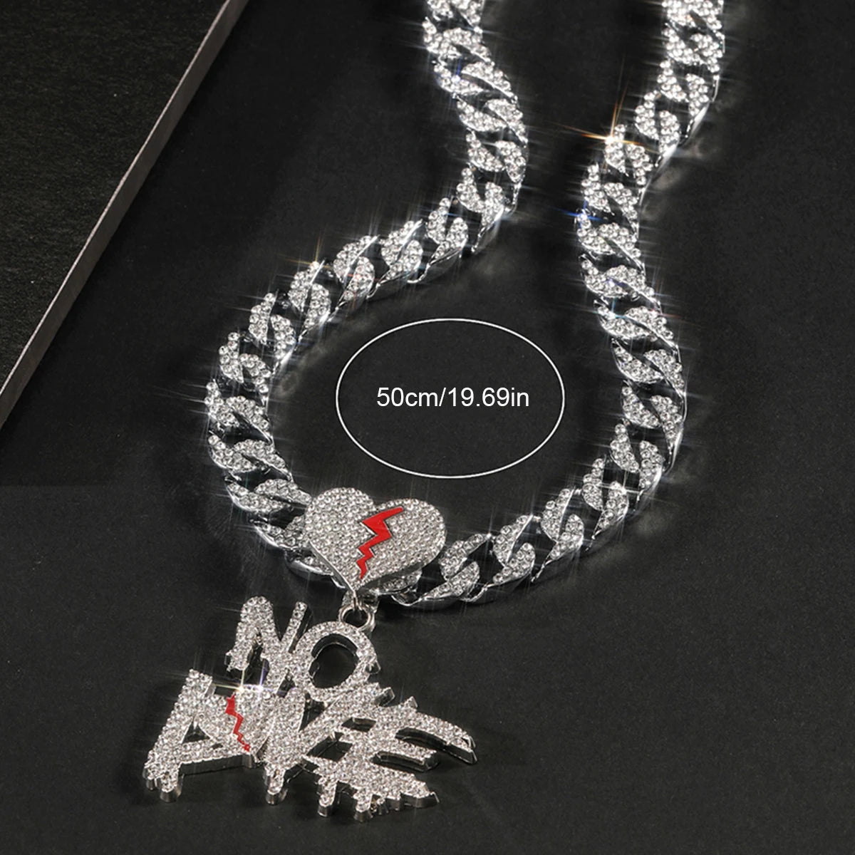 Men's Rhinestone Cracked Love Heart No Love Pendant Hip Hop Necklace