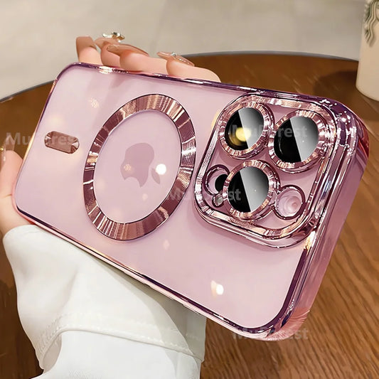 Luxury MagSafe Magnetic Transparent Pink Soft Plating Case with Lens Protection for iPhone 16/15/14/13/12/11 Pro Max/Plus