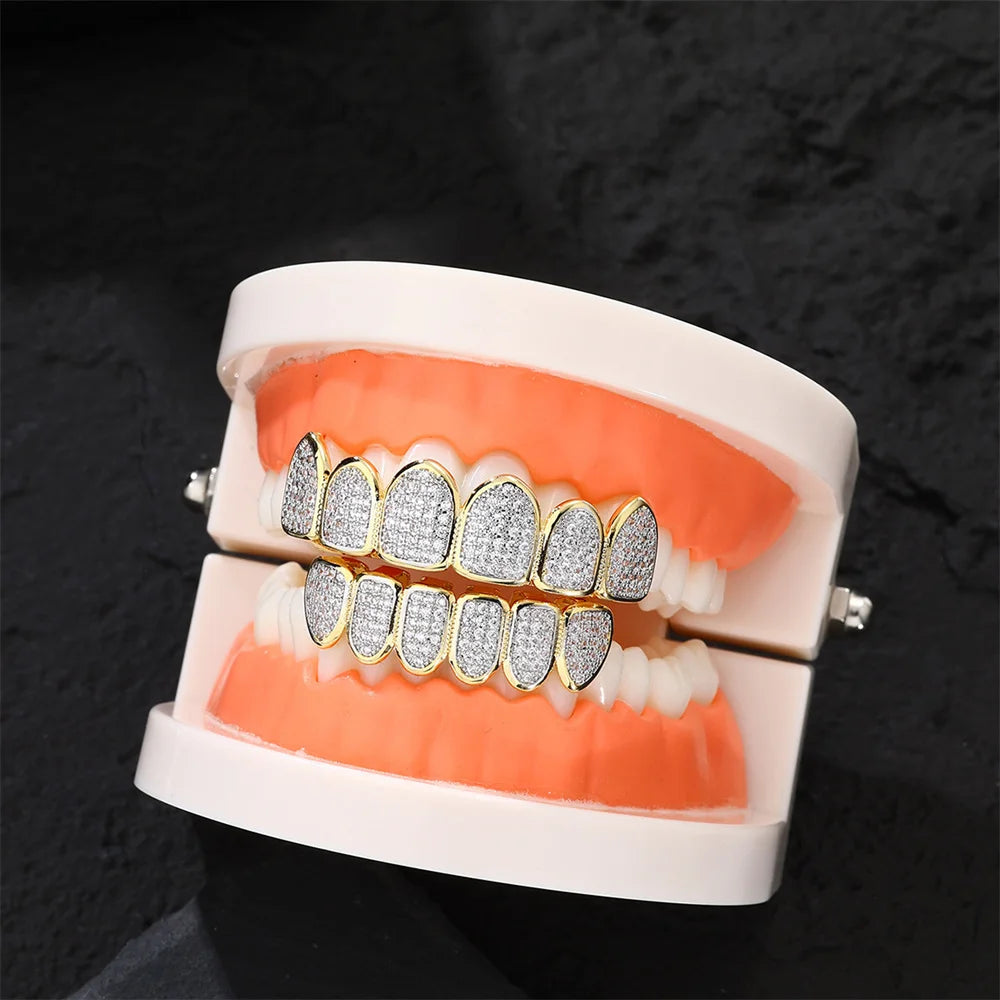 Feel Style Cool Teeth Grillz Set – Unisex Cubic Zirconia Top & Bottom Hip Hop Jewelry