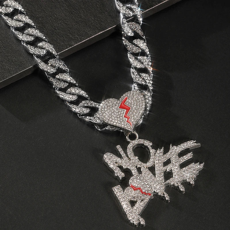 Men's Rhinestone Cracked Love Heart No Love Pendant Hip Hop Necklace