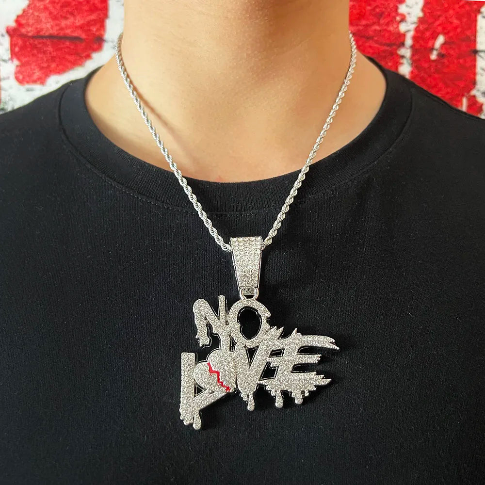 Cuban Miami Chains NO LOVE Pendants Necklace for Men and Women Heart Broken Statement Iced Out Jewelry