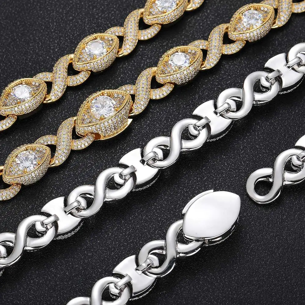 Gold Filled Diamond Infinity Link Bracelet Necklace Set Iced Out CZ Eyes Infinity Cuban Necklace