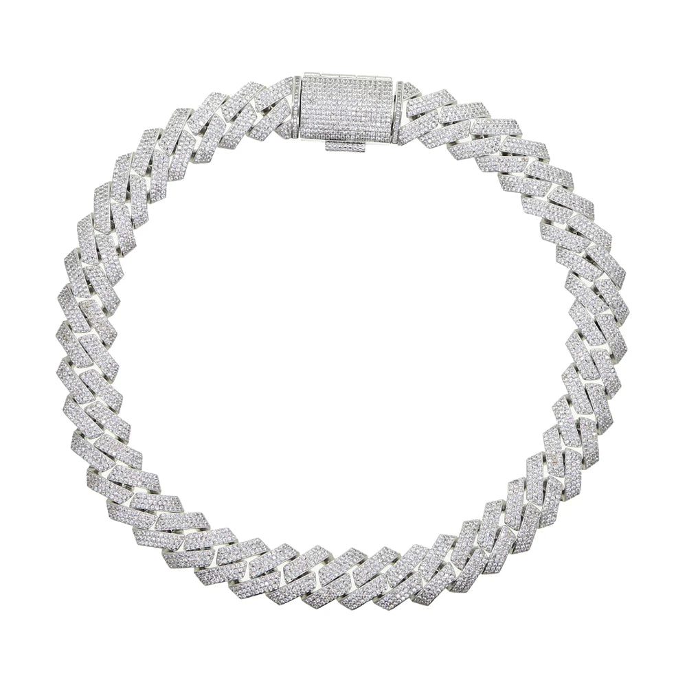 Cubic Zirconia Two Tone Triple Row 19MM Width Cuban Link Chain Bracelet Necklace For Men Boy