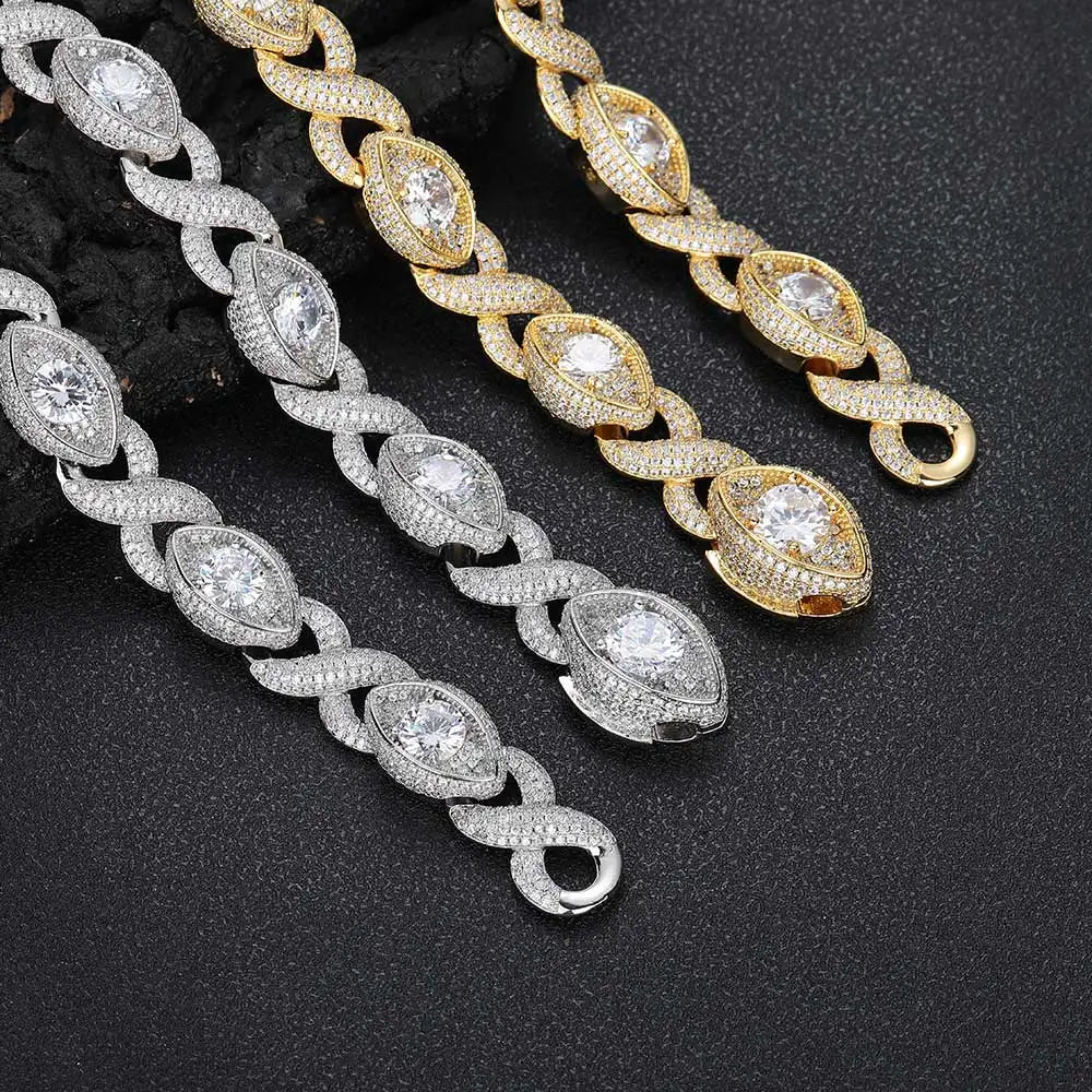 Gold Filled Diamond Infinity Link Bracelet Necklace Set Iced Out CZ Eyes Infinity Cuban Necklace