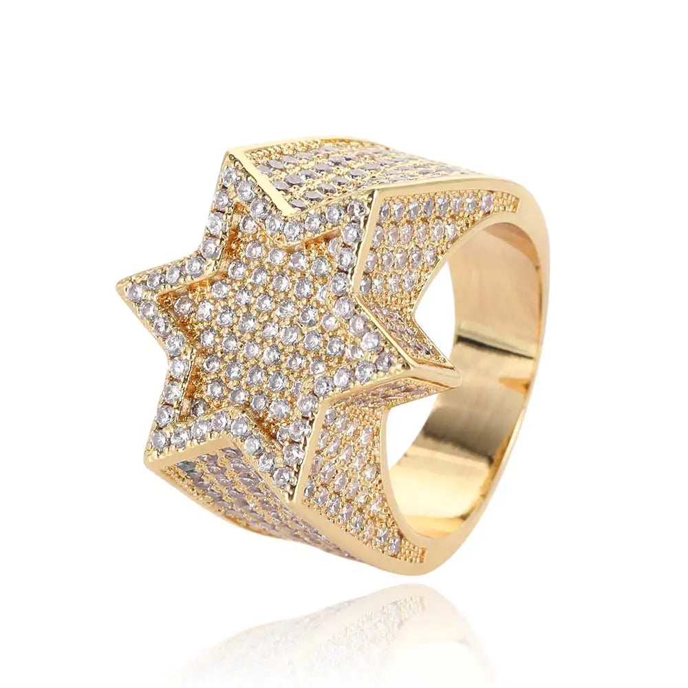 Silver Hexagram Star Ring – Iced Out Cubic Zirconia Punk Band