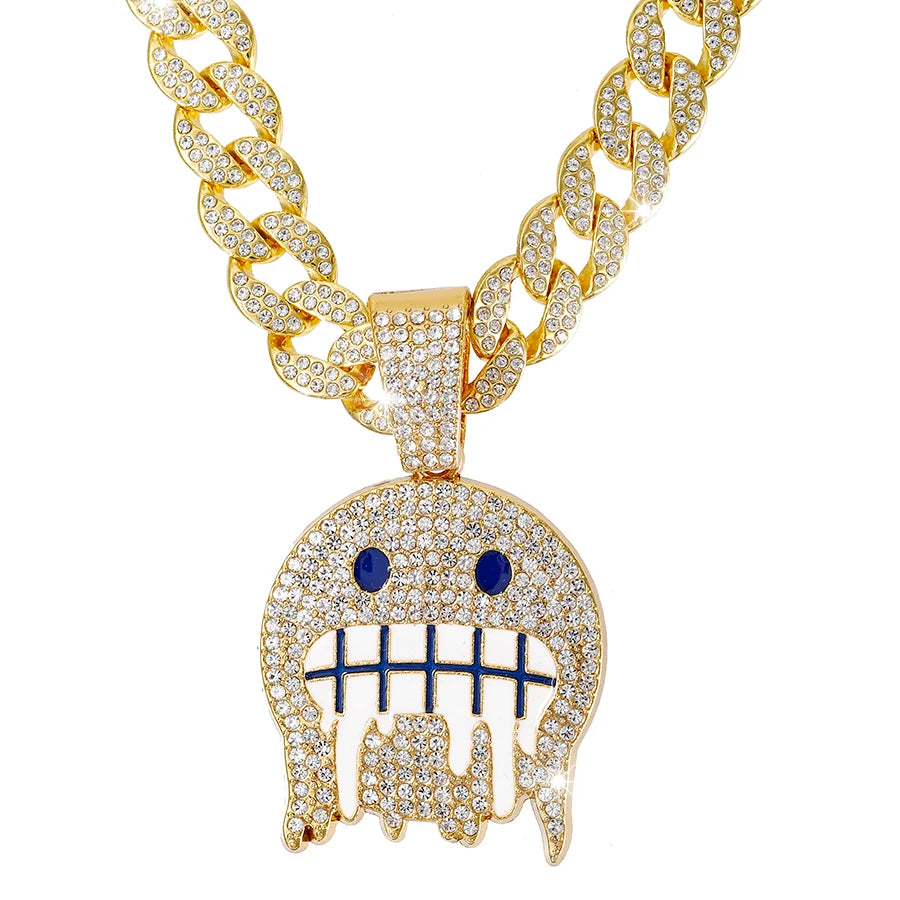 Cuban Chain With Hip Hop Alloy And Bling Rhinestone Cold Face Pendant Choker Necklace