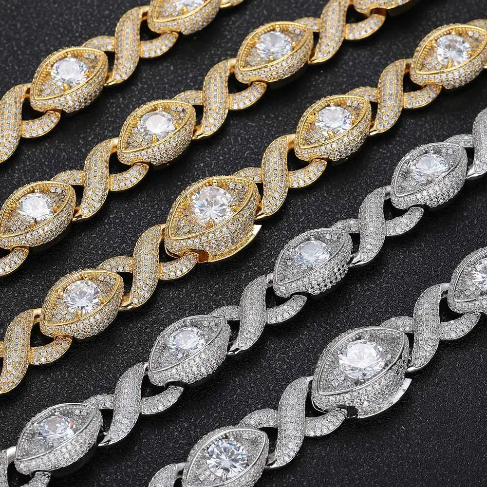 Gold Filled Diamond Infinity Link Bracelet Necklace Set Iced Out CZ Eyes Infinity Cuban Necklace