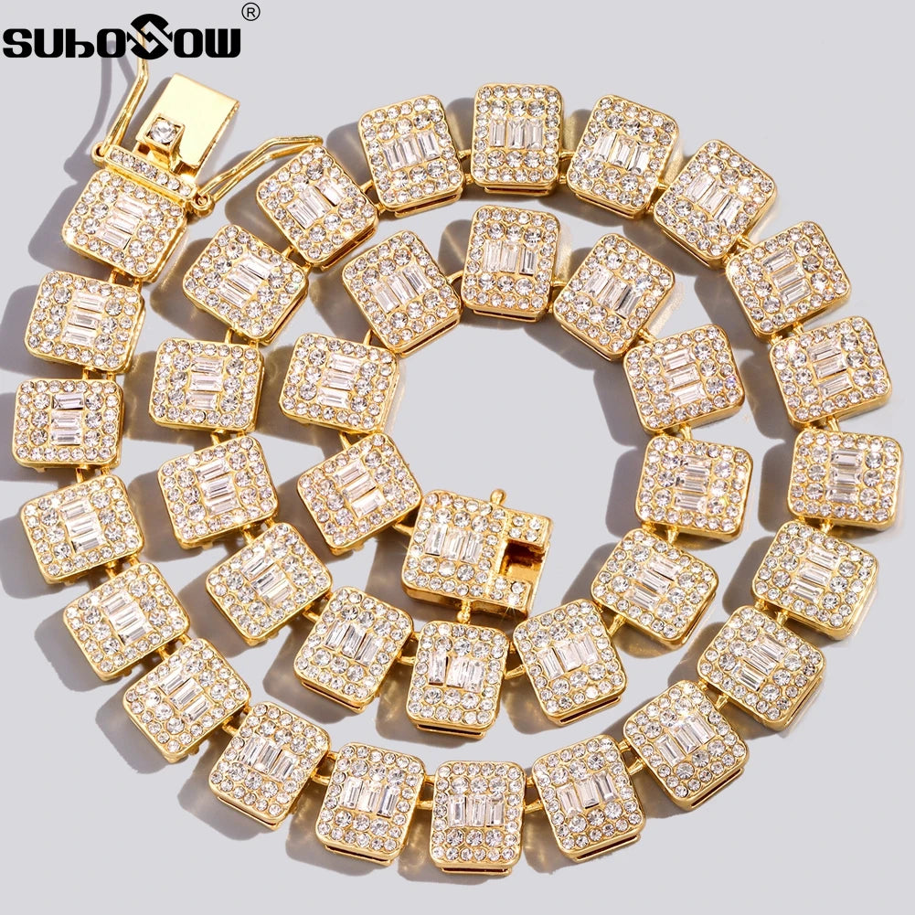 Hip Hop Bling Iced Out Chain Baguette Tennis Chain Necklaces For Women Gold Silver Color Square Crystal Choker Necklace Jewelry