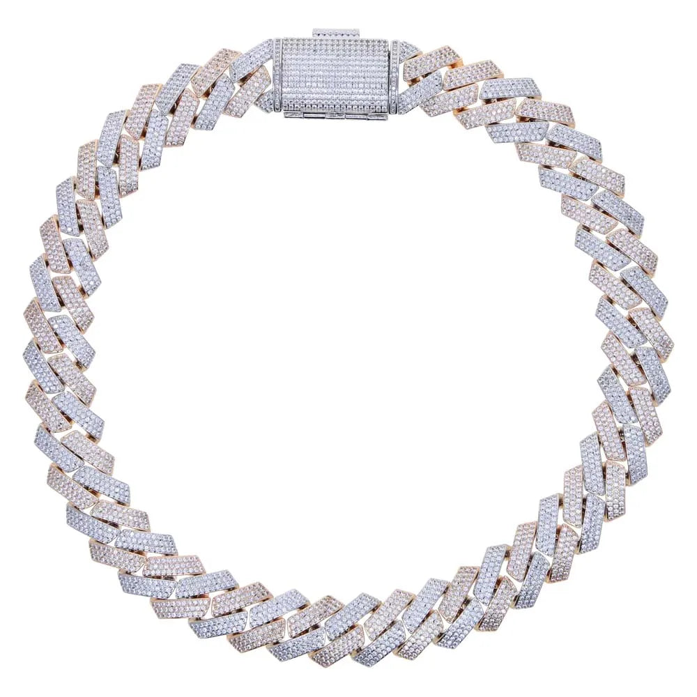 Cubic Zirconia Two Tone Triple Row 19MM Width Cuban Link Chain Bracelet Necklace For Men Boy