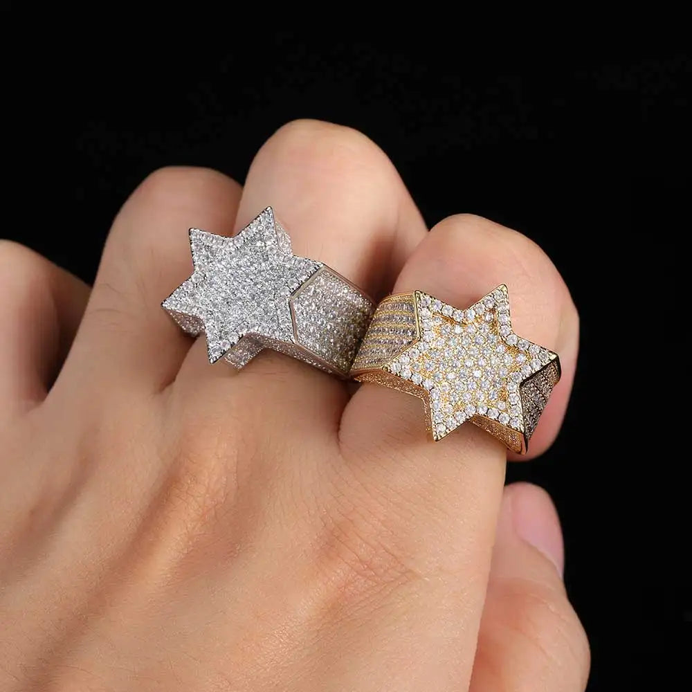 Silver Hexagram Star Ring – Iced Out Cubic Zirconia Punk Band