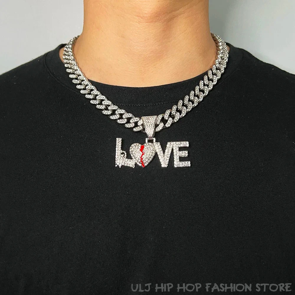 Cuban Miami Chains NO LOVE Pendants Necklace for Men and Women Heart Broken Statement Iced Out Jewelry