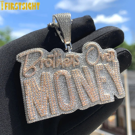 New Hip-Hop 'Brothers Over Money' Pendant Necklace – Gold Iced-Out Bling with CZ Letters for Men & Women