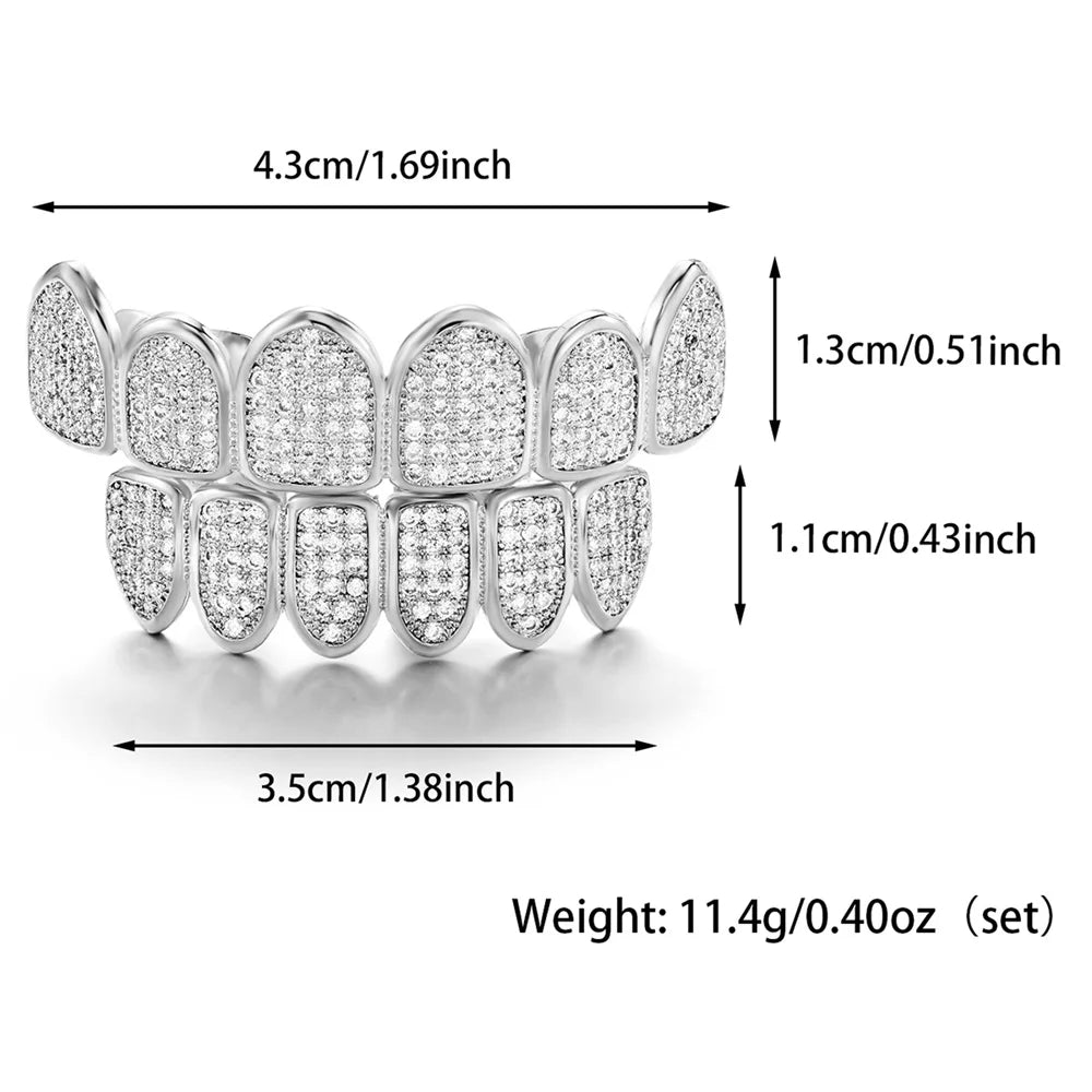 Feel Style Full CZ Teeth Grillz Set – Unisex Cubic Zirconia Top & Bottom Hip-Hop Jewelry