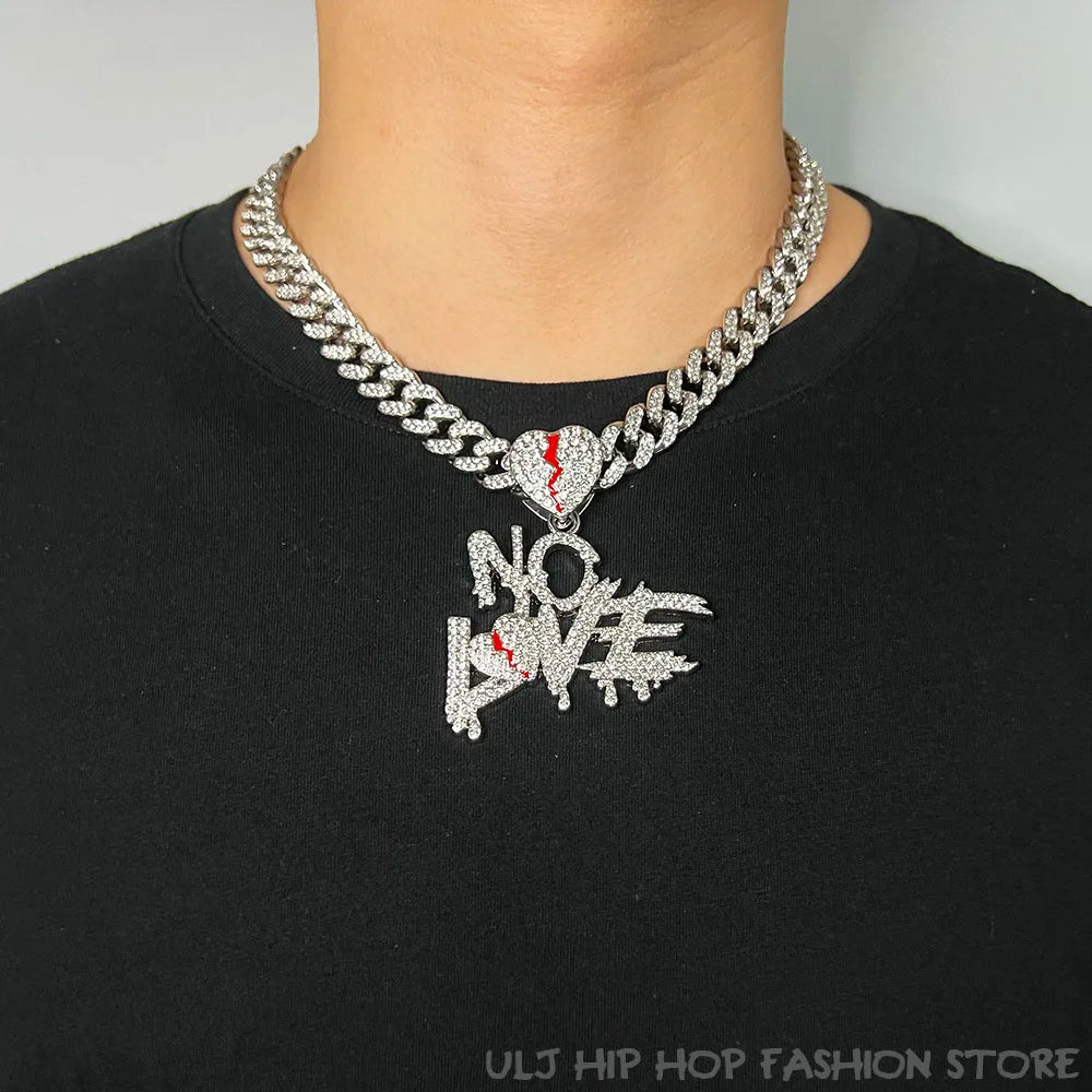 Cuban Miami Chains NO LOVE Pendants Necklace for Men and Women Heart Broken Statement Iced Out Jewelry