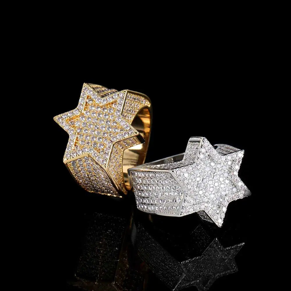 Silver Hexagram Star Ring – Iced Out Cubic Zirconia Punk Band