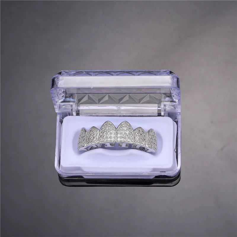 Feel Style Full CZ Teeth Grillz Set – Unisex Cubic Zirconia Top & Bottom Hip-Hop Jewelry