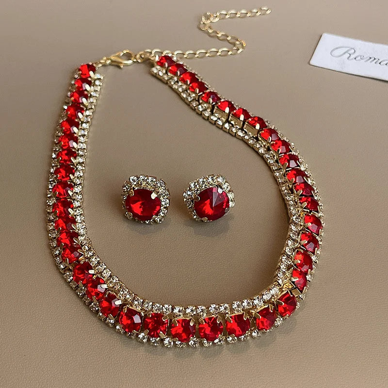 Colorful  Rhinestone Zircon Necklace Earrings Set Commuter French Temperament Choker Necklaces Dopamine Jewelry Sets Wedding