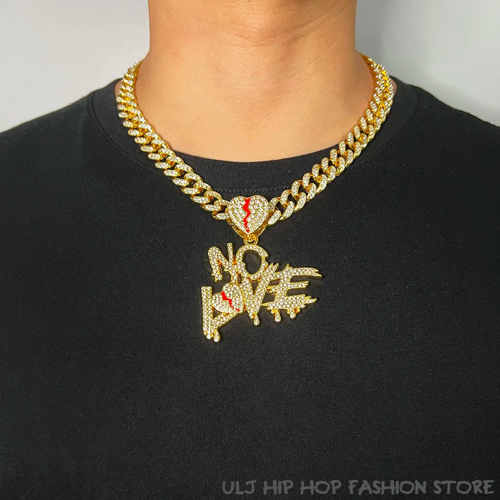 Cuban Miami Chains NO LOVE Pendants Necklace for Men and Women Heart Broken Statement Iced Out Jewelry