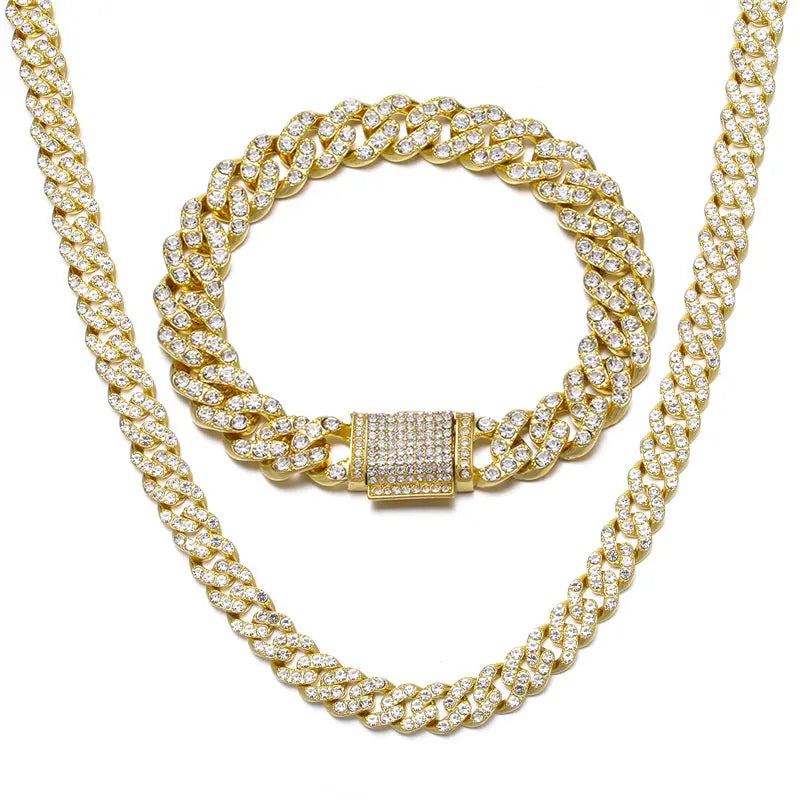 Hip-Hop Jewelry Set: Gold-Plated Cuban Chain Necklace, Watch & Bracelet – Full Iced-Out Bling for Men