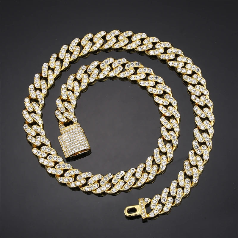 Hip-Hop Jewelry Set: Gold-Plated Cuban Chain Necklace, Watch & Bracelet – Full Iced-Out Bling for Men