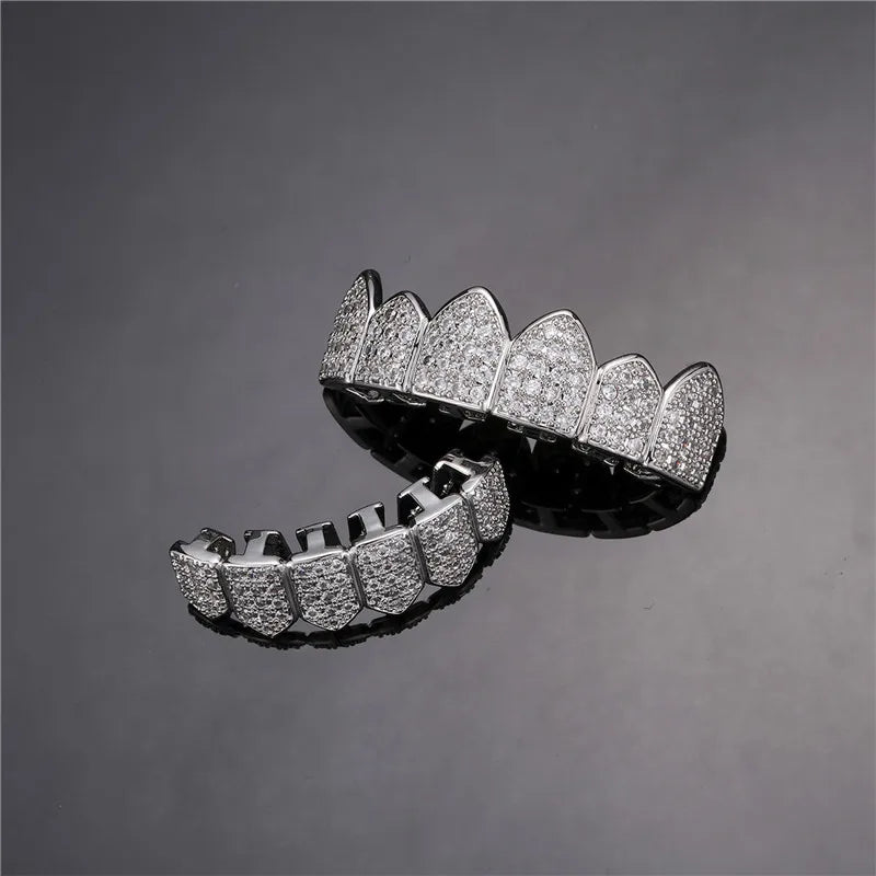 Feel Style Full CZ Teeth Grillz Set – Unisex Cubic Zirconia Top & Bottom Hip-Hop Jewelry