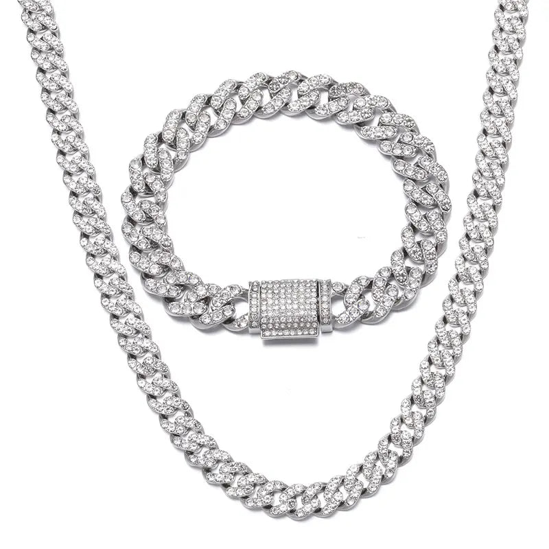 Hip-Hop Jewelry Set: Gold-Plated Cuban Chain Necklace, Watch & Bracelet – Full Iced-Out Bling for Men