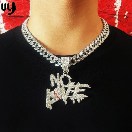 Cuban Miami Chains NO LOVE Pendants Necklace for Men and Women Heart Broken Statement Iced Out Jewelry