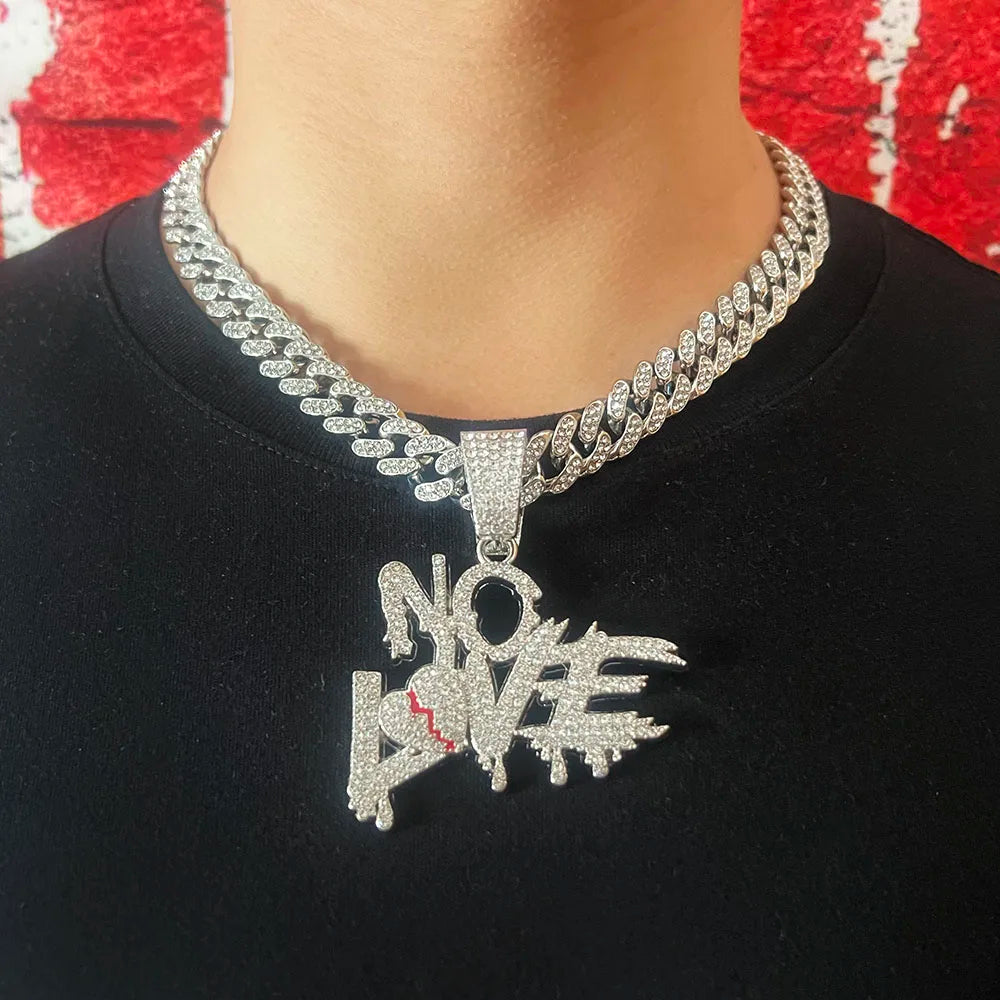 Cuban Miami Chains NO LOVE Pendants Necklace for Men and Women Heart Broken Statement Iced Out Jewelry