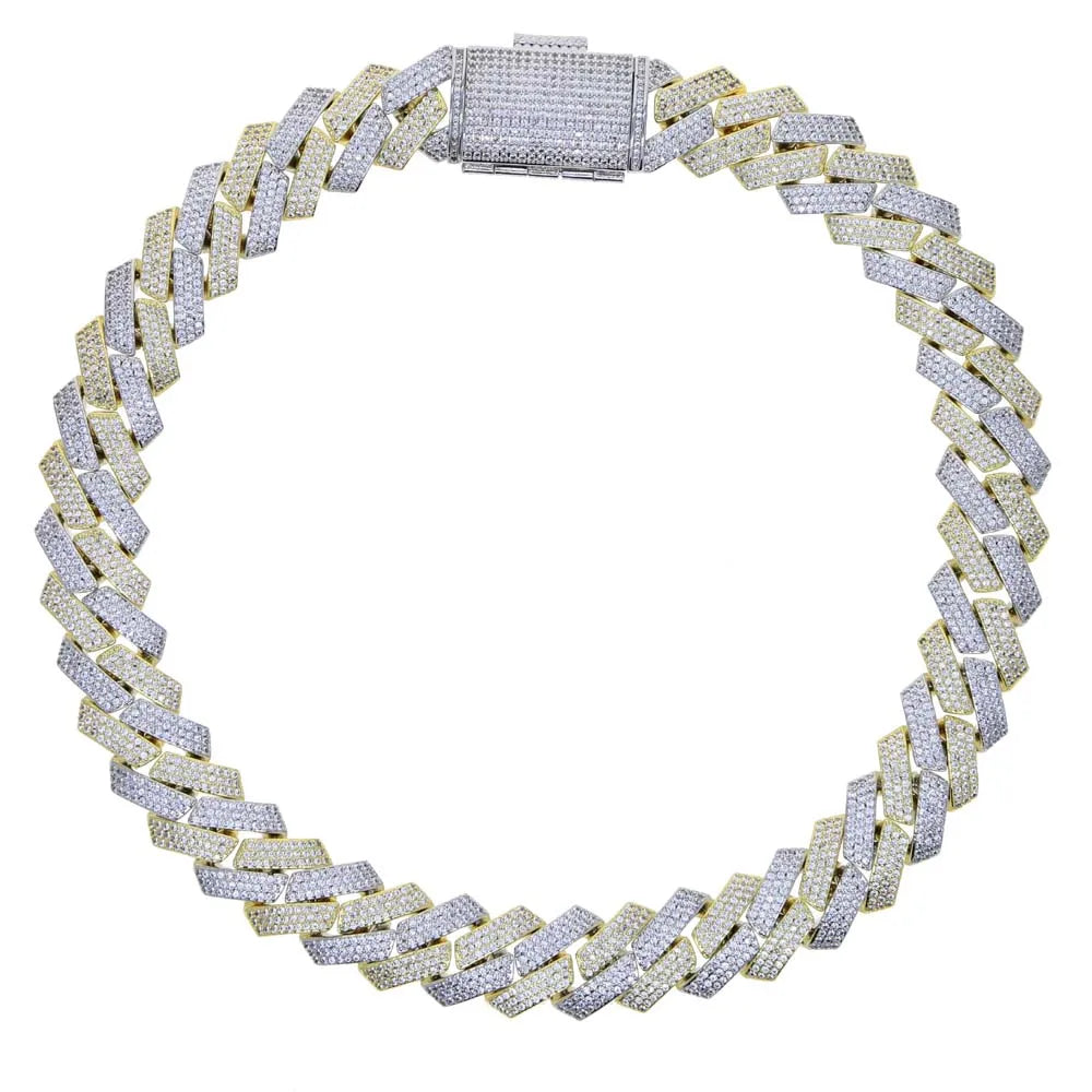 Cubic Zirconia Two Tone Triple Row 19MM Width Cuban Link Chain Bracelet Necklace For Men Boy