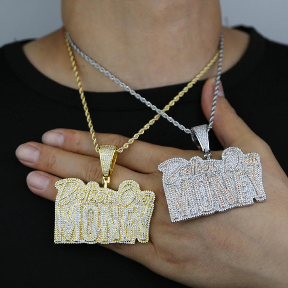 New Hip-Hop 'Brothers Over Money' Pendant Necklace – Gold Iced-Out Bling with CZ Letters for Men & Women