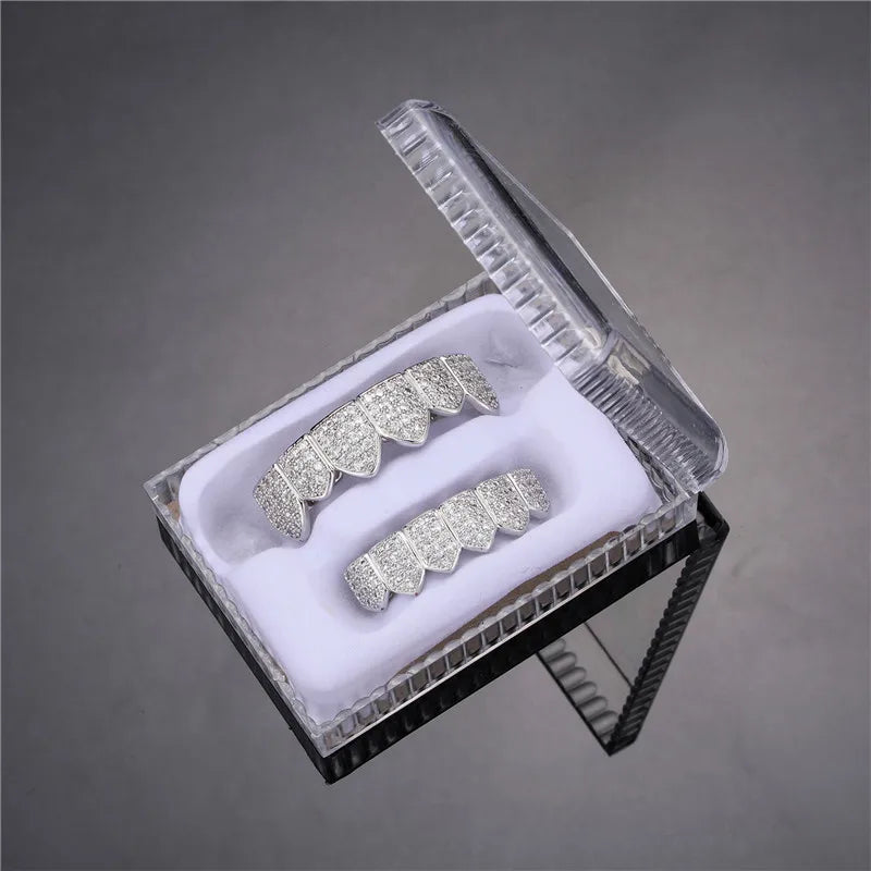 Feel Style Full CZ Teeth Grillz Set – Unisex Cubic Zirconia Top & Bottom Hip-Hop Jewelry