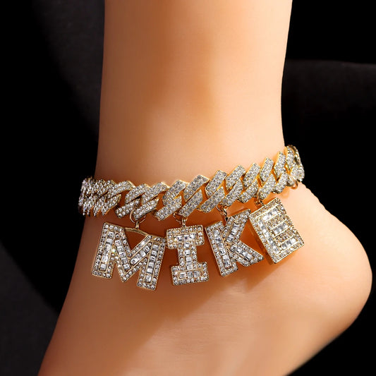 Miami Cuban Link Chain Letter Anklet for Women Full Rhinestone Baguette Alphabe Ankle Bracelet Birthday Jewelry