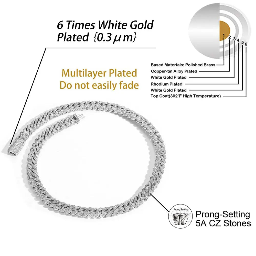 10mm Diamond Cuban Link Chain – White Gold/18K Gold Plated Bling Necklace with 5A+ CZ Stones