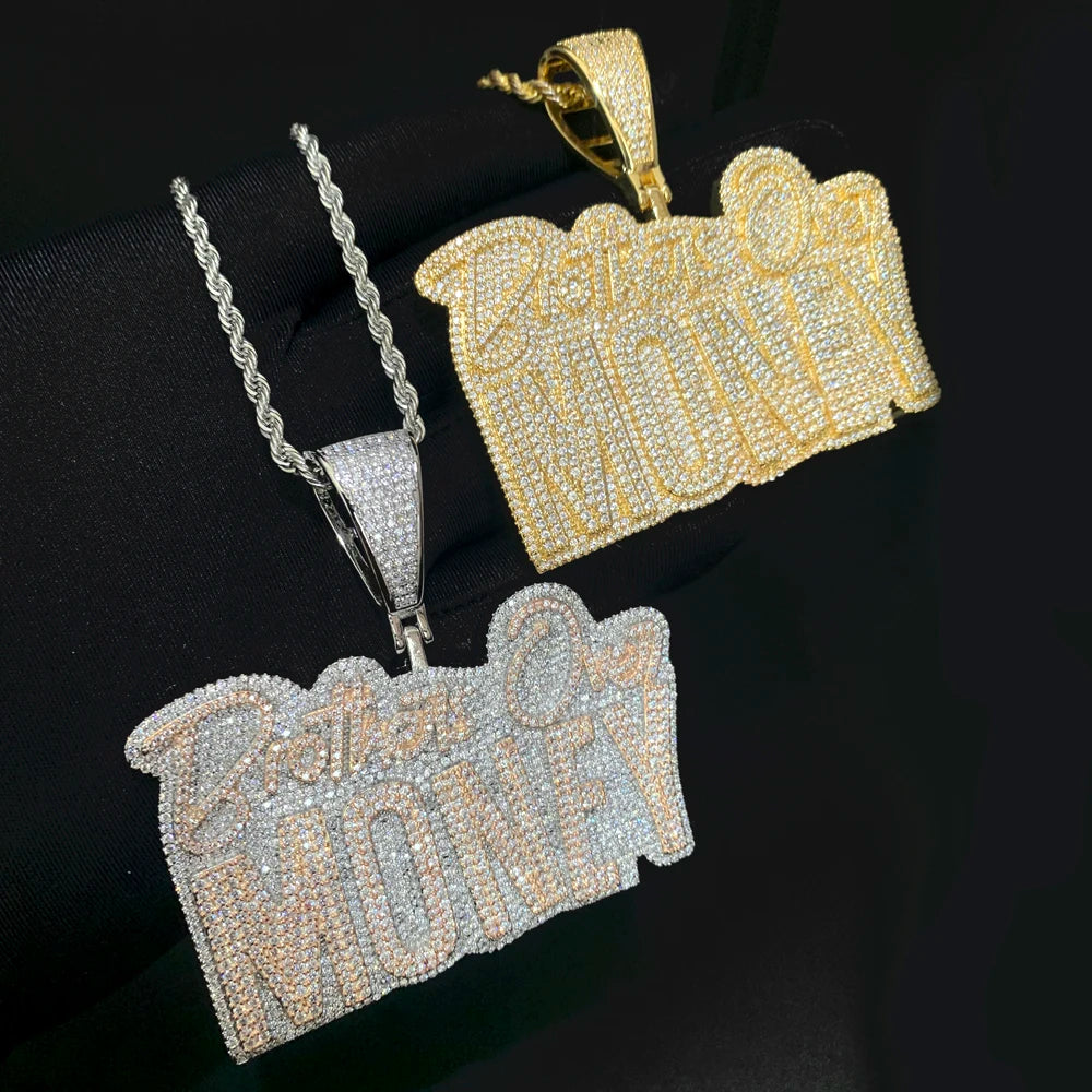 New Hip-Hop 'Brothers Over Money' Pendant Necklace – Gold Iced-Out Bling with CZ Letters for Men & Women