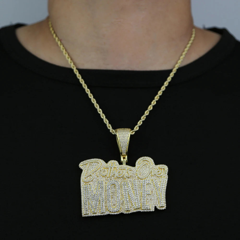 New Hip-Hop 'Brothers Over Money' Pendant Necklace – Gold Iced-Out Bling with CZ Letters for Men & Women