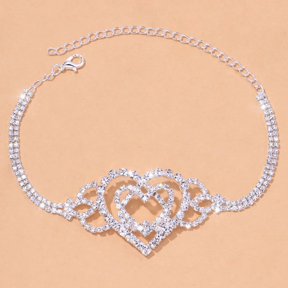 Heart Anklet Rhinestone Chain Jewelry for Women Bling Love Foot Chain Anklet Bracelet Crystal Jewellery