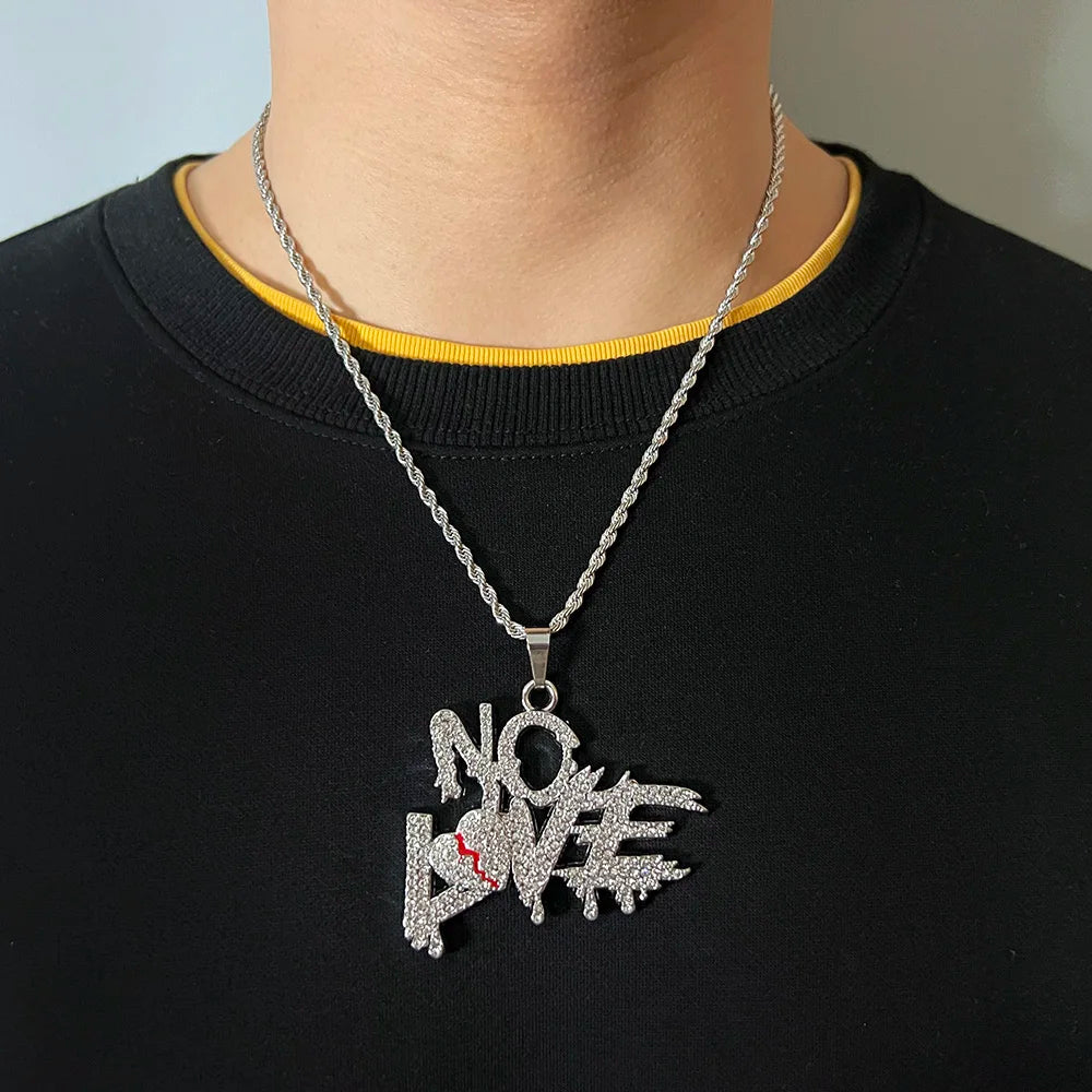 Cuban Miami Chains NO LOVE Pendants Necklace for Men and Women Heart Broken Statement Iced Out Jewelry