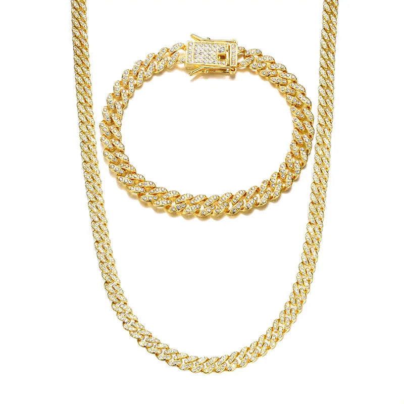 Hip-Hop Jewelry Set: Gold-Plated Cuban Chain Necklace, Watch & Bracelet – Full Iced-Out Bling for Men